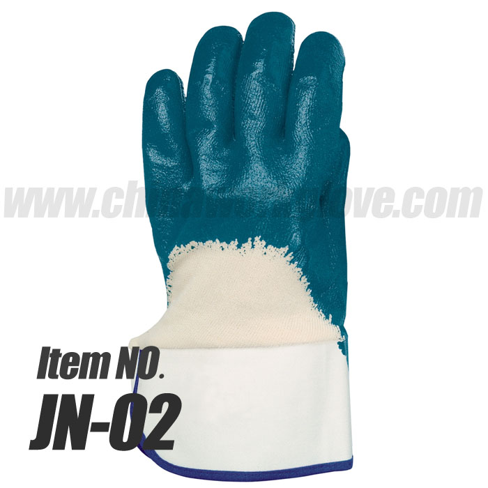 3/4 Blue Nitrile Coated Gloves with Safety Cuff/ Jersey Cotton Blue Nitrile Coated Oil Resistant Gloves, Safety Cuff